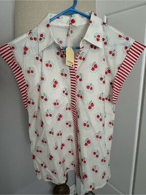 JODIFL White Cherry Print Blouse with Red Stripes
